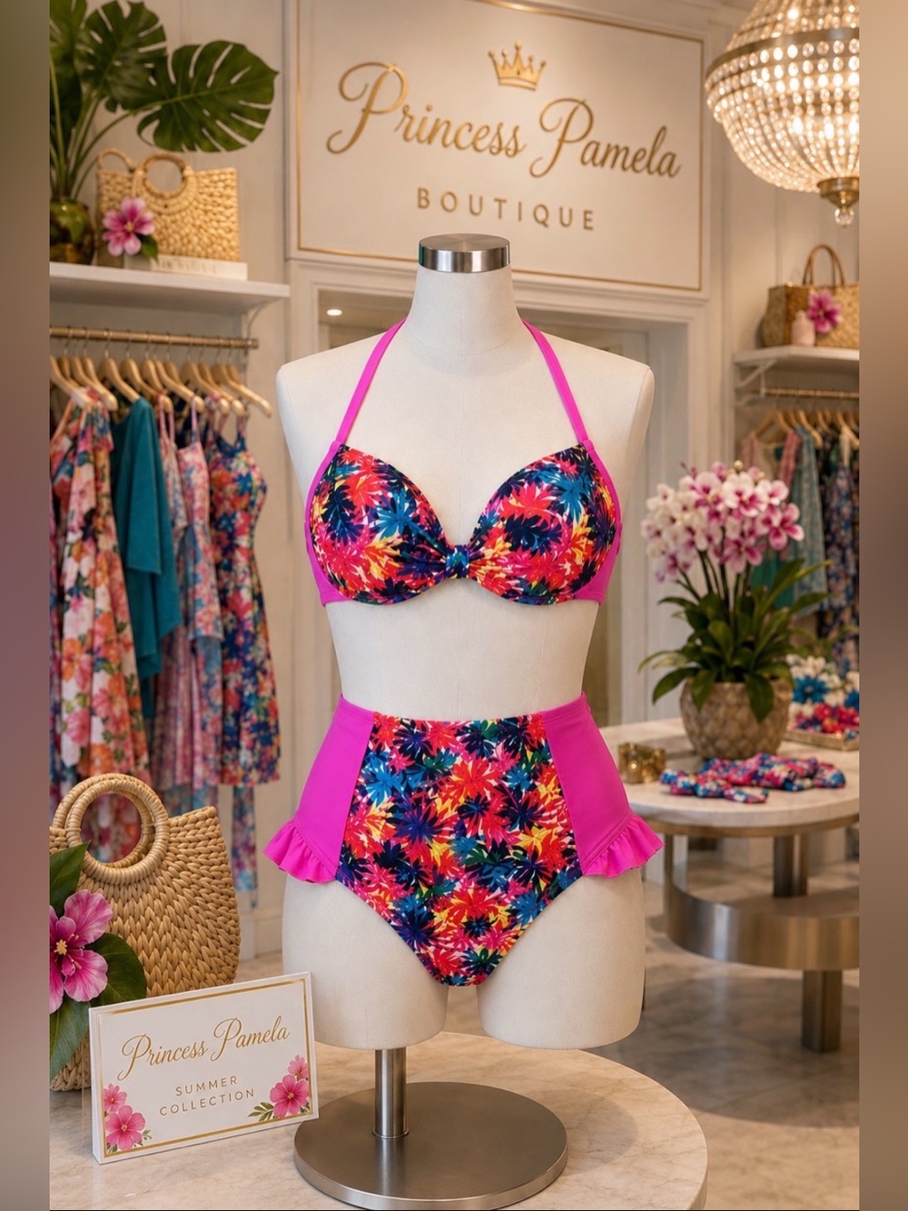 S43 HOT PINK & MULTI COLOR PALM TREE PRINT HIGH WAIST BIKINI SET-Medium